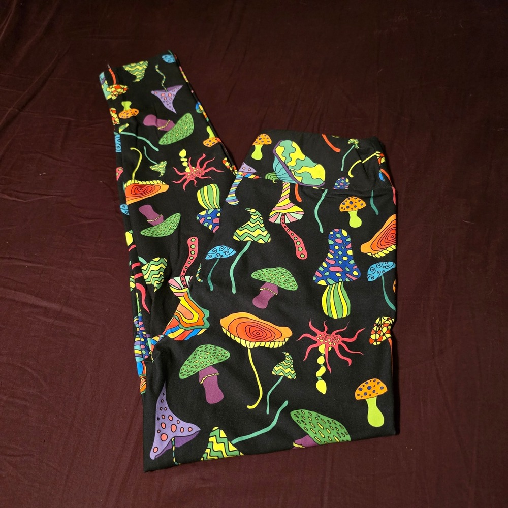 Dren Designs Leggings OS Leggings Women Black Multi Psychedelic Mushroom Print